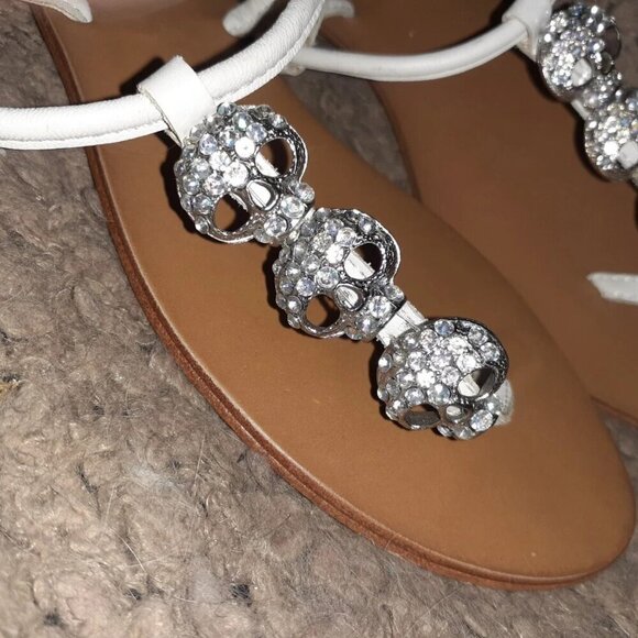 ASH-Marcel-Crystal Silver Skulls-White Leather Ankle Strap Flat Sandal-Sz36-NWOB - Picture 7 of 8